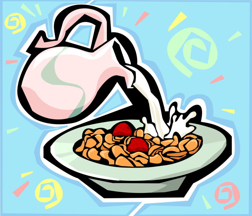 Vector Illustration of Breakfast Cereal in Bowl with Strawberries and Fresh Dairy Milk