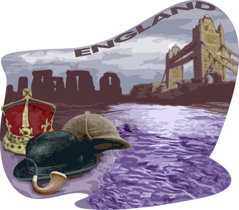 Vector Illustration of England Stonehenge Monument, Tower Bridge, Crown Jewels and Sherlock Holmes, London, England