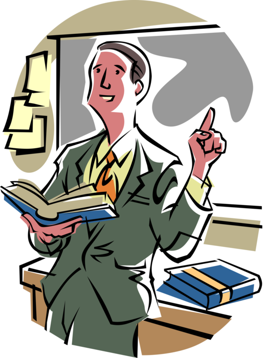 Vector Illustration of Professor or Teacher Teaches Lesson in School Classroom with Textbooks