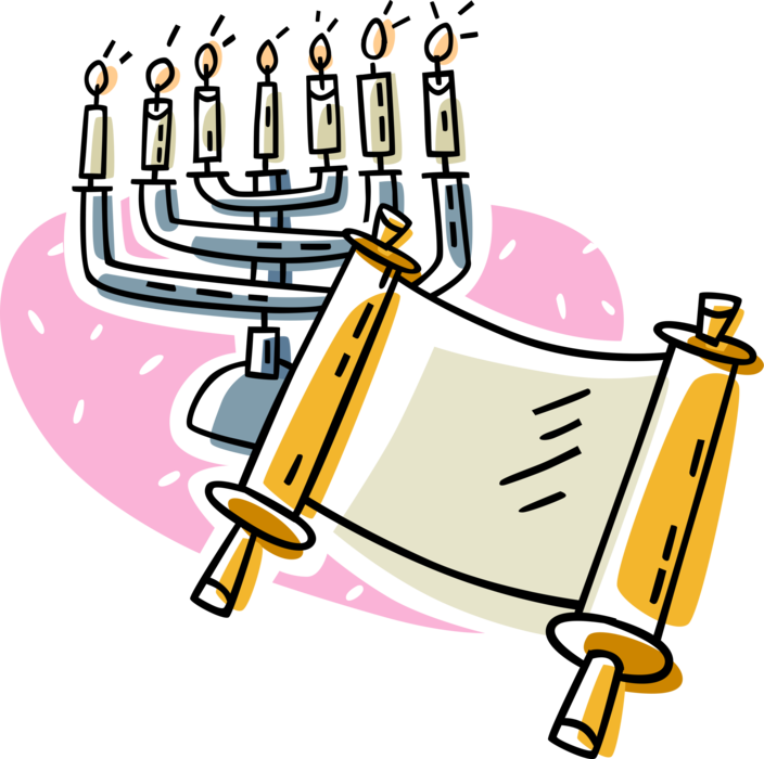 Vector Illustration of Menorah Lampstand Seven-Branched Candle Candelabra used in Ancient Tabernacle with Scroll