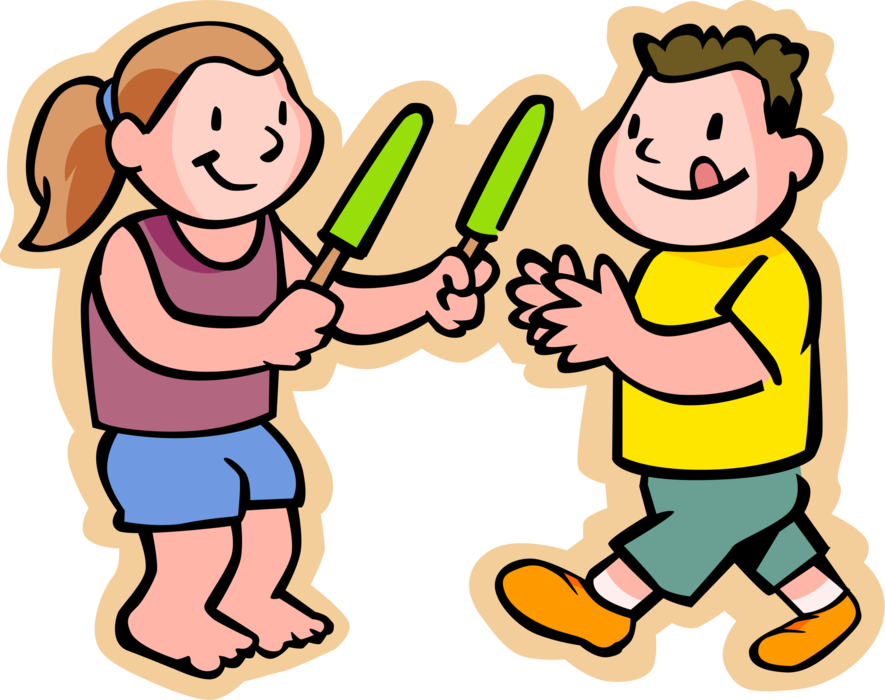 Vector Illustration of Primary or Elementary School Student Children Eating Popsicle Frozen Ice Treat