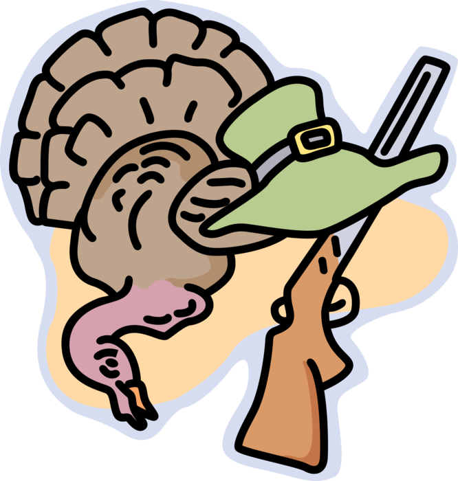 Vector Illustration of Thanksgiving Turkey Hunt with Hunter's Shotgun Rifle Gun and Hat