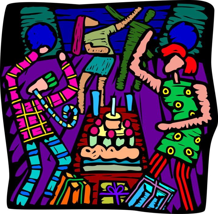 Vector Illustration of Birthday Party Celebration with Dancing Party Attendees