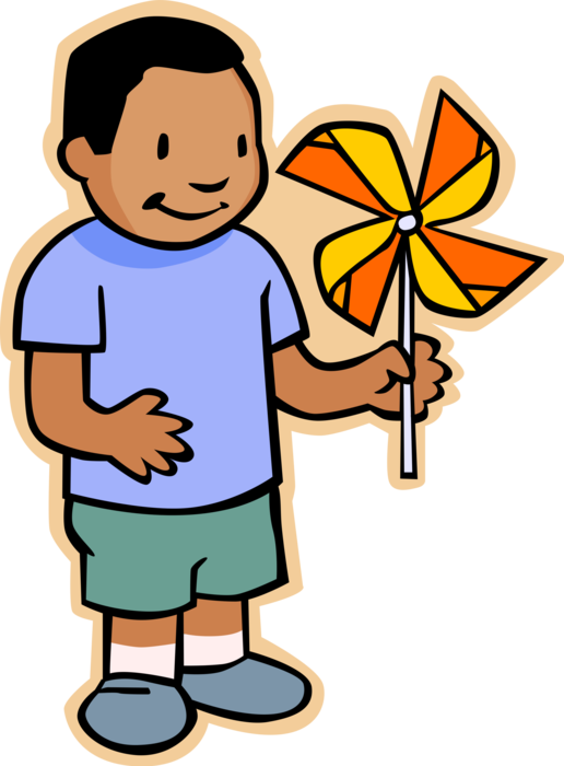 Vector Illustration of Primary or Elementary School Student Boy with Pinwheel Toy