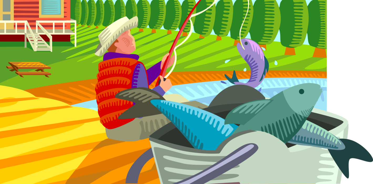 Vector Illustration of Young Fisherman Angler Catching Lots of Fish at Summer Cabin or Cottage