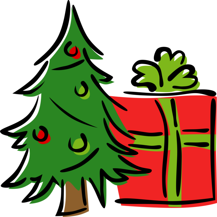 Vector Illustration of Festive Season Christmas Tree and Gift Wrapped Present