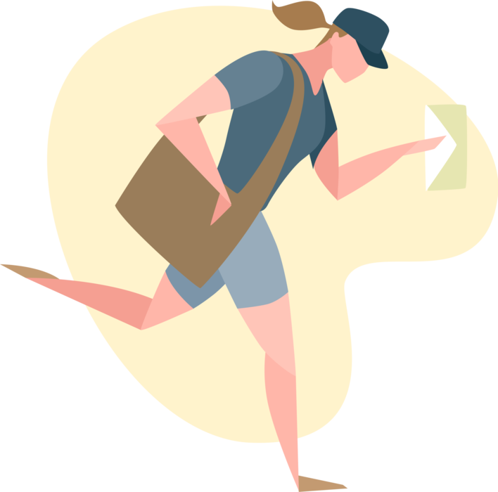 Vector Illustration of Postal Service Postman Letter Carrier Mailman Delivers Snail Mail Letter Envelopes