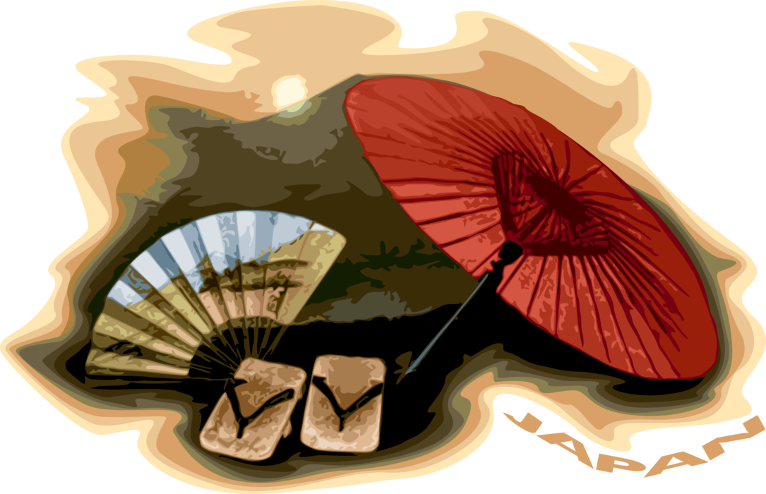 Vector Illustration of Japan Postcard Design with Parasol Umbrella, Sandal Shoes and Hand Fan