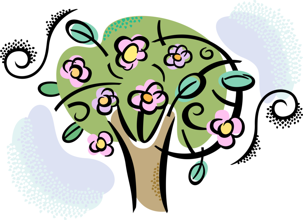 Vector Illustration of Deciduous Flowering Tree in Bloom with Flower Blossoms