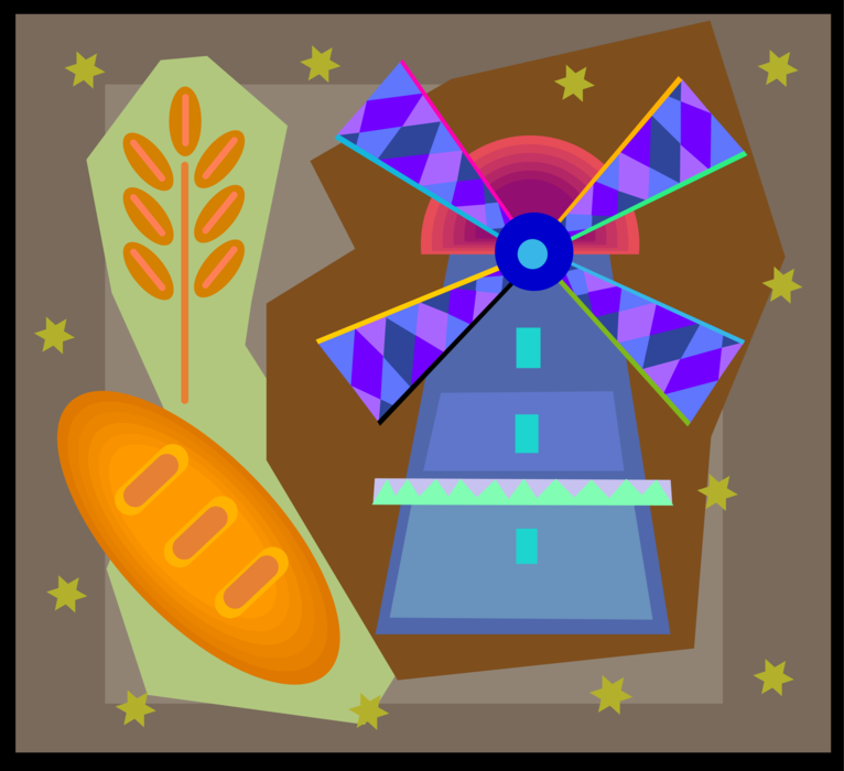 Vector Illustration of Windmill with Baked Bread and Wheat Grain of Cereal Grass
