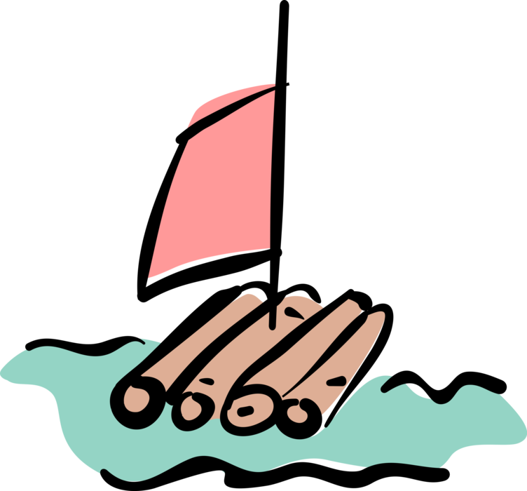 Vector Illustration of Life Raft with Bamboo Logs and Sail
