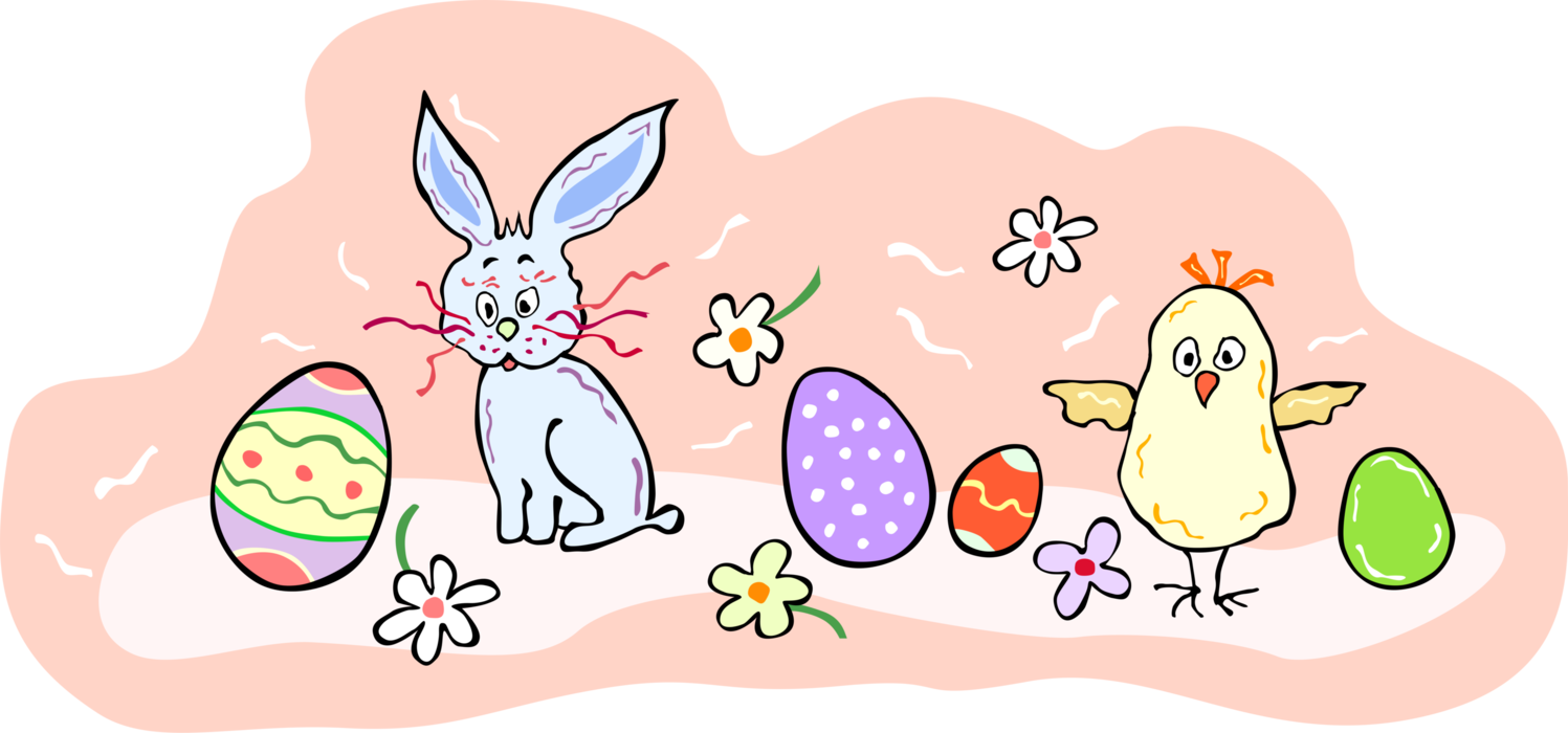 Vector Illustration of Pascha Easter Bunny Rabbit and Chick with Colored Eggs