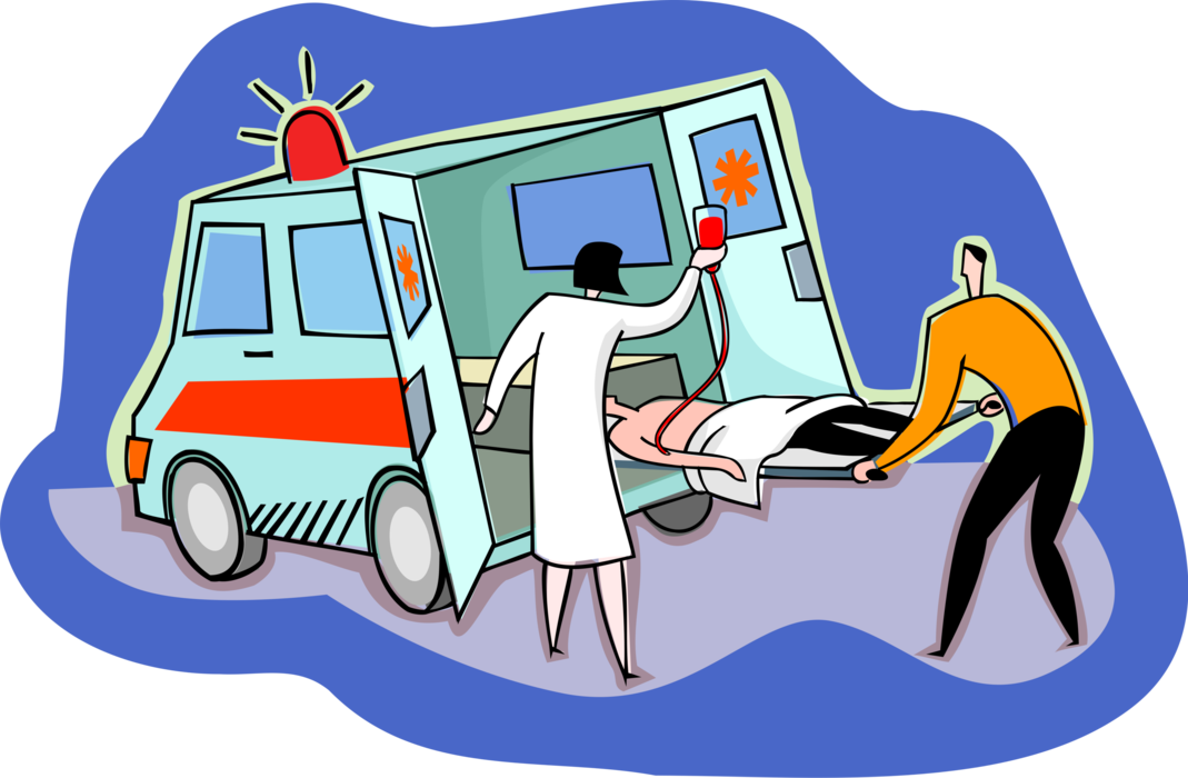 Vector Illustration of Paramedics Load Accident Patient Emergency Service Ambulance Vehicle en Route to Hospital
