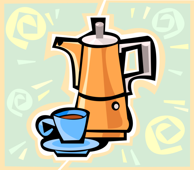 Vector Illustration of Kitchen Electric Coffee Percolator Brews Fresh Coffee with Coffee Cup