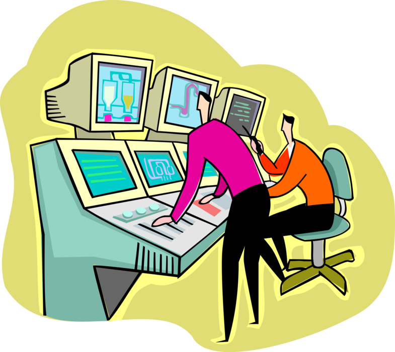 Vector Illustration of Industrial Manufacturing Plant Control Room Workers Monitoring Systems