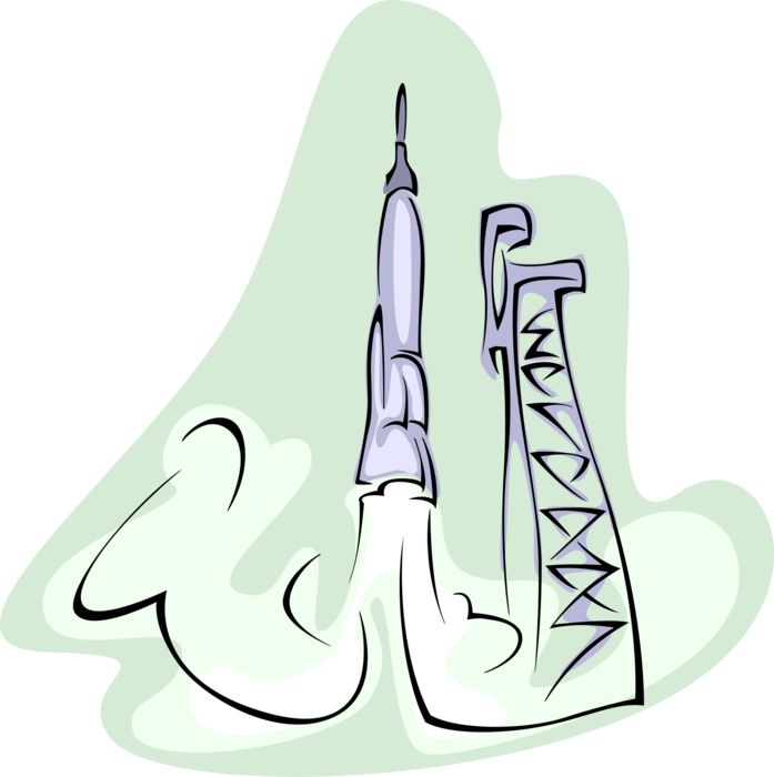Vector Illustration of Rocket Spaceship Blasts Off from Launchpad
