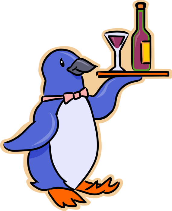 Vector Illustration of Penguin Waiter with Serving Tray of Wine Bottle and Glass