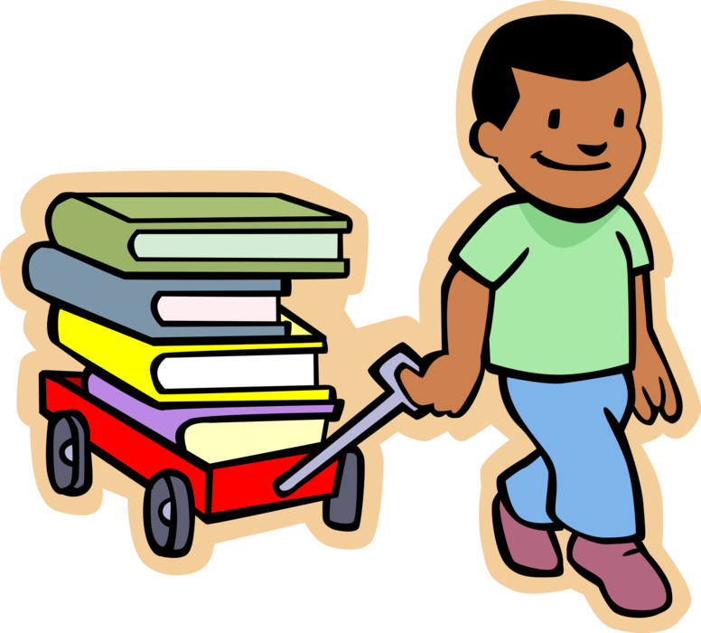 Vector Illustration of Primary or Elementary School Student Boy Pulling Wagon with Books