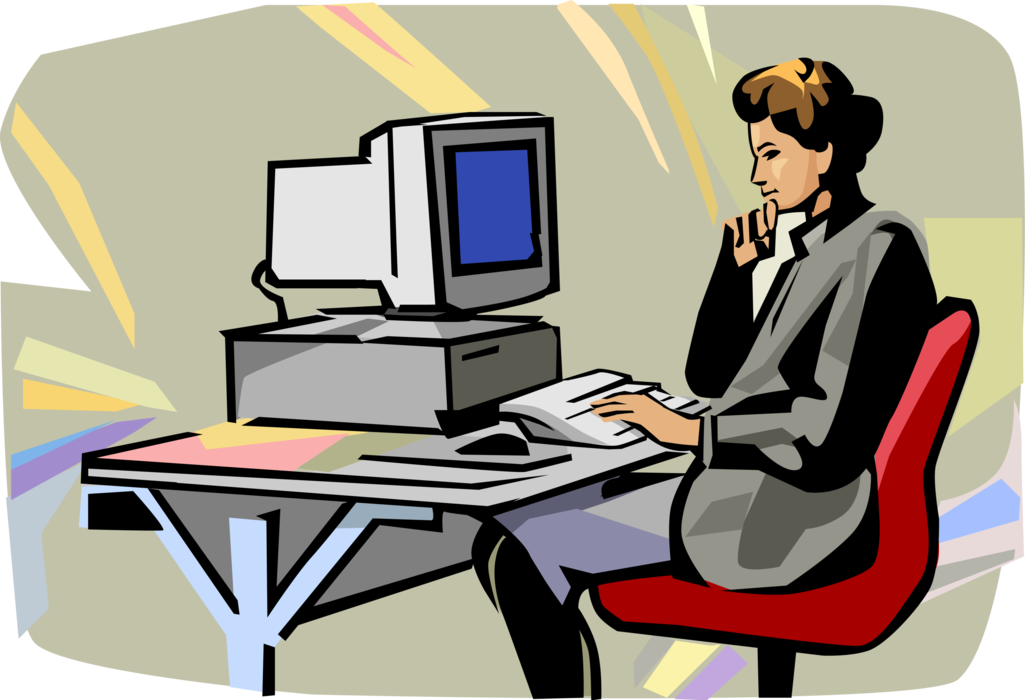 Vector Illustration of Businesswoman Working on Computer at Office Desk