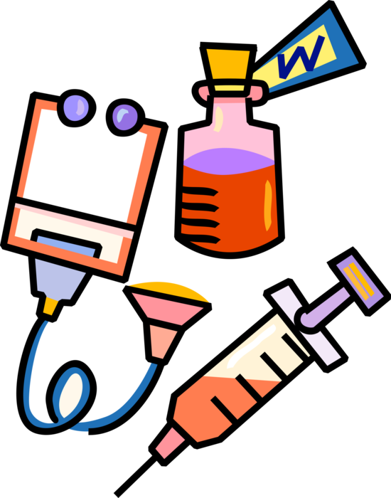 Vector Illustration of Medical Equipment Hypodermic Syringe, Stethoscope, and Medicine Bottle