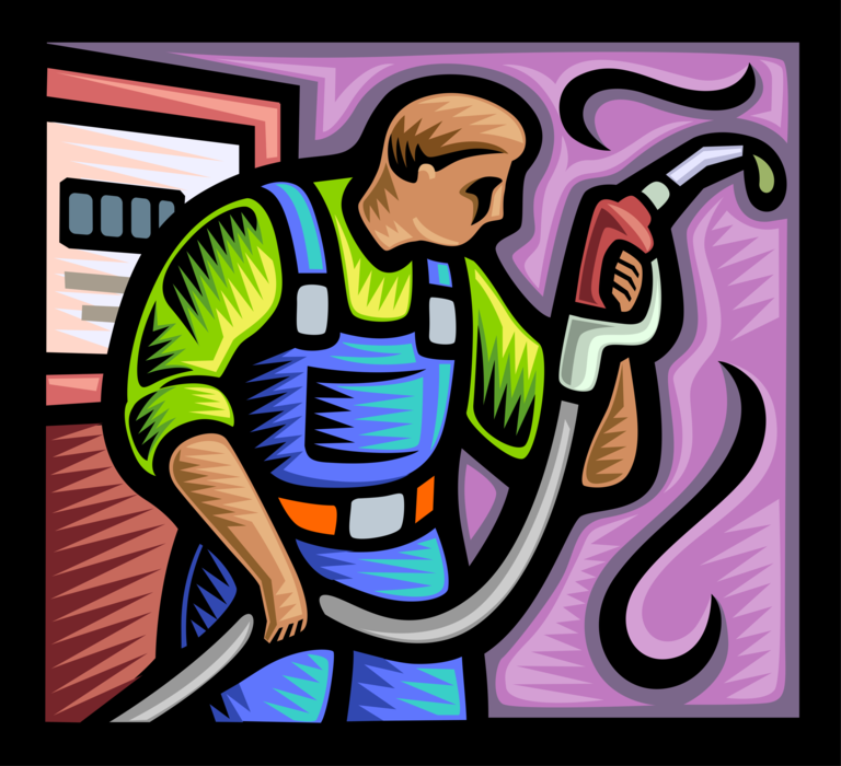 Vector Illustration of Gasoline or Petroleum Service Station Attendant with Gas Hose