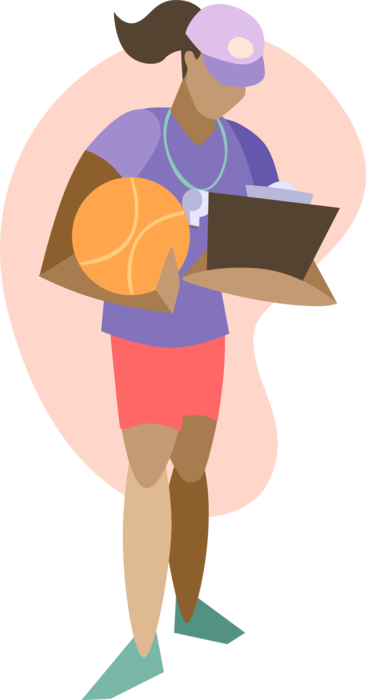 Vector Illustration of Sport of Basketball Coach with Clipboard Portable Writing Surface and Game Sports Ball