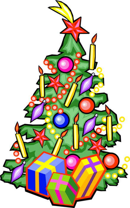 Vector Illustration of Decorated Christmas Tree Evergreen Fir with Candles, Decoration Ornaments and Gifts