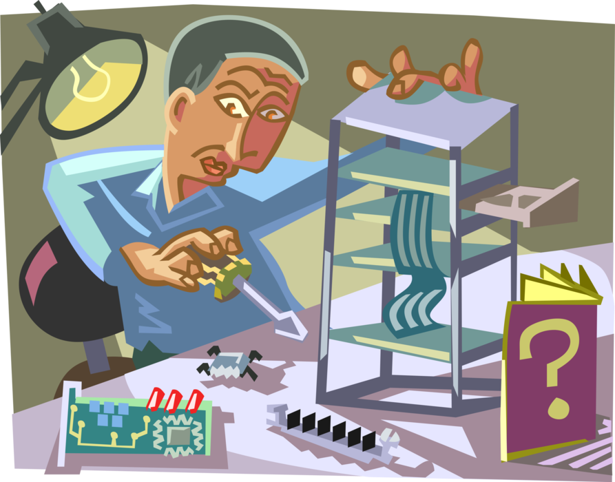 Vector Illustration of Repair Technician Fixes Electronics in Personal Computer 