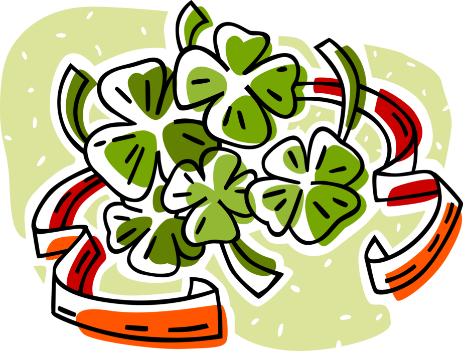 Vector Illustration of St Patrick's Day Lucky Shamrock Four-Leaf Clover and Ribbon