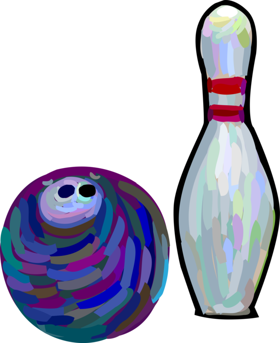 Vector Illustration of Sports Equipment Bowling Ball Strikes Pins in Bowling Lane During Game