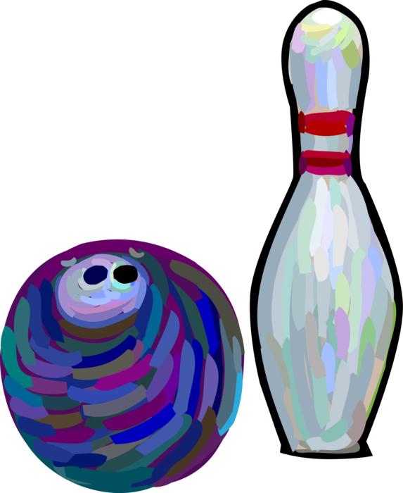 Vector Illustration of Sports Equipment Bowling Ball Strikes Pins in Bowling Lane During Game