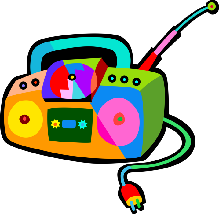 Vector Illustration of Audio Entertainment Portable Personal Stereo Boombox Plays Music Cassettes and Music CD's