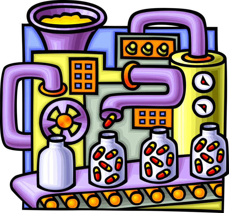 Vector Illustration of Pharmaceutical Industry Manufacturing Plant Develops, Produces and Markets Drugs