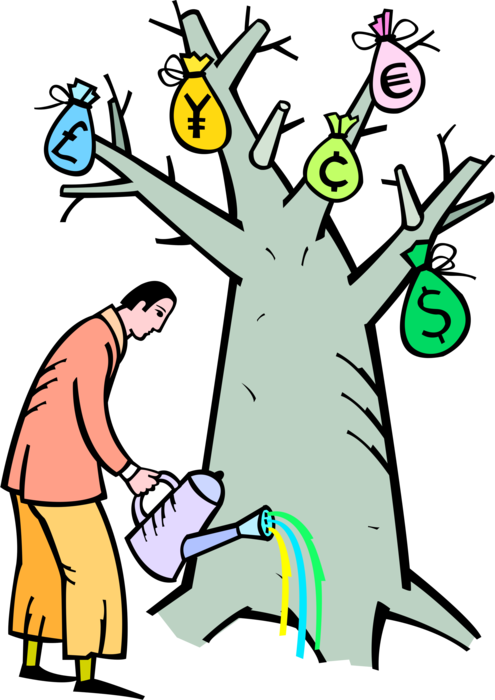 Vector Illustration of Watering International Currency Money Tree