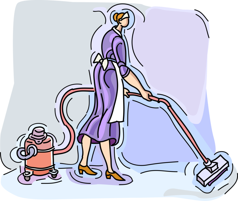 Vector Illustration of Cleaning Service Maid Vacuuming Dirt with Vacuum in House