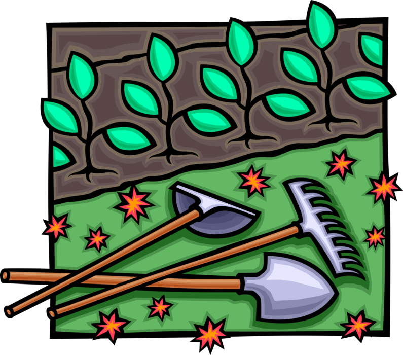 Vector Illustration of Gardening Tools Hoe, Rake and Shovel with Garden Plant Seedlings