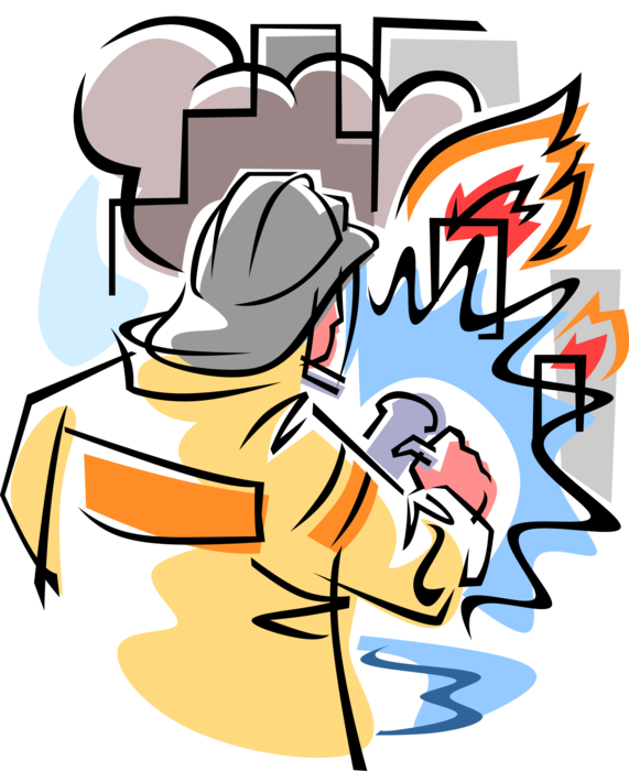 Vector Illustration of Firefighter Fireman Fights Fires with Hose and Water