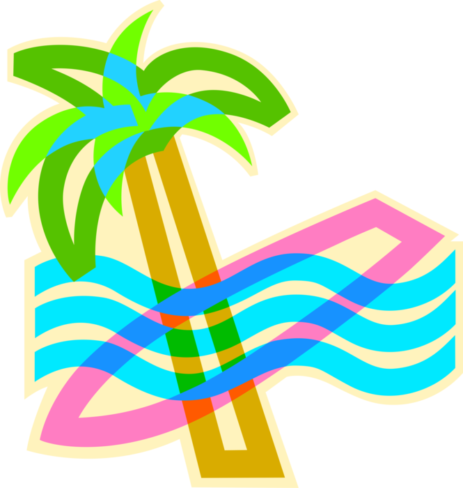 Vector Illustration of Arecaceae Palm Tree with Surfboard and Ocean Surf