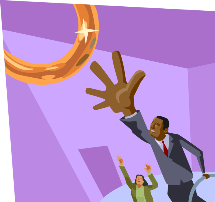 Vector Illustration of Businessman Striving for Highest Prize Reaches for Brass Ring