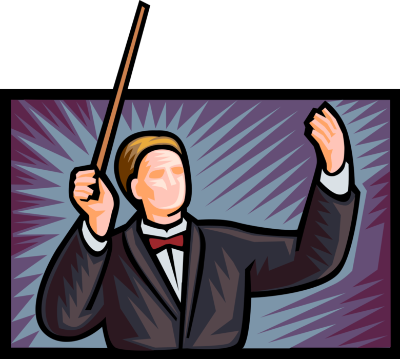 Vector Illustration of Orchestra Maestro Conductor Conducts Symphony Orchestral Musicians with Baton