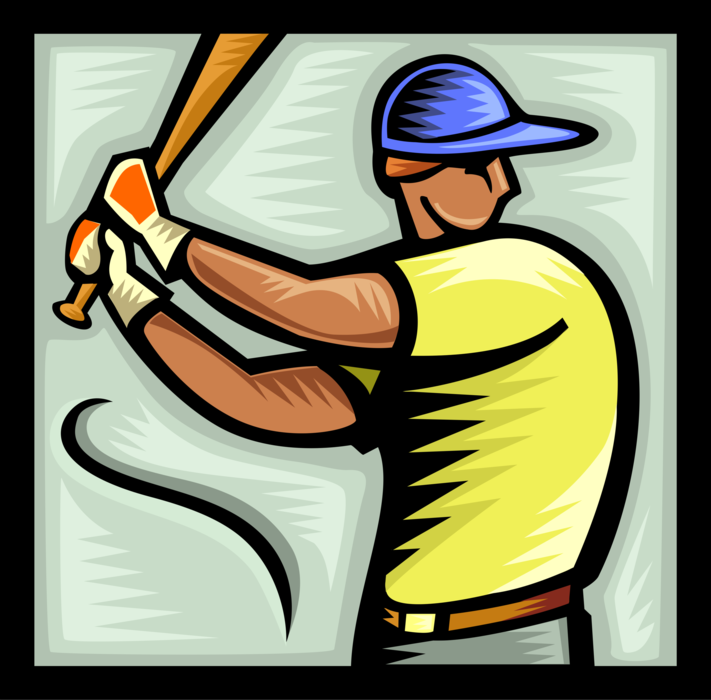 Vector Illustration of American Pastime Sport of Baseball Player Swings Bat During Game