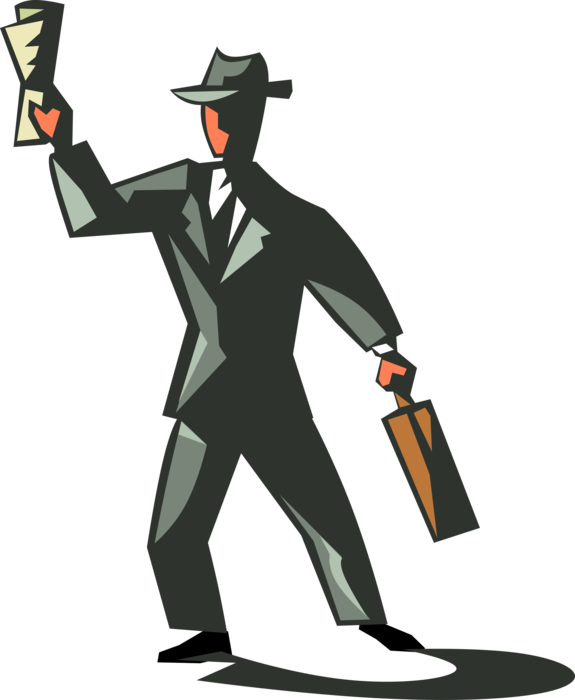 Vector Illustration of Businessman with Briefcase and Newspaper Hails Taxi or Bus Transportation