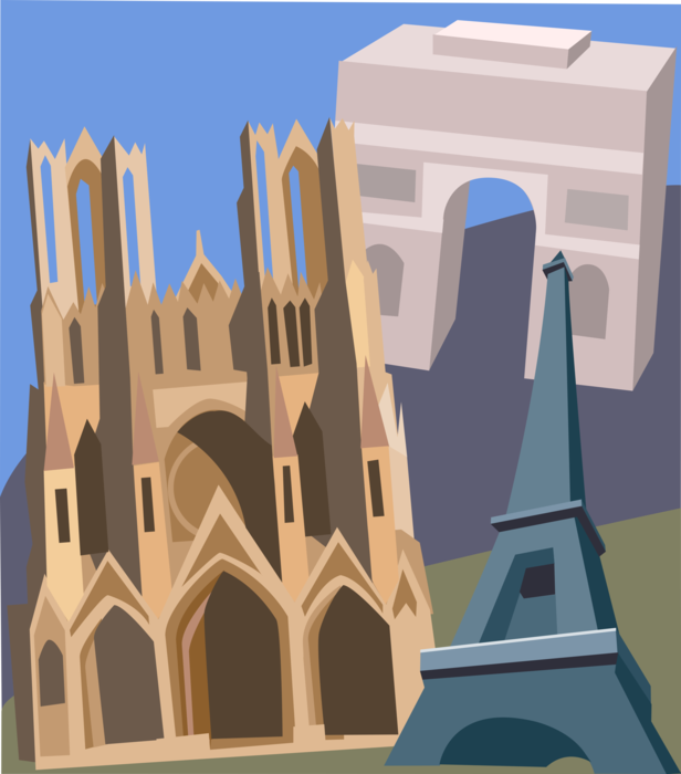 Vector Illustration of Christian Church Cathedral House of Worship of Notre Dame, Reims, Eiffel Tower, Arc de Triomphe, France