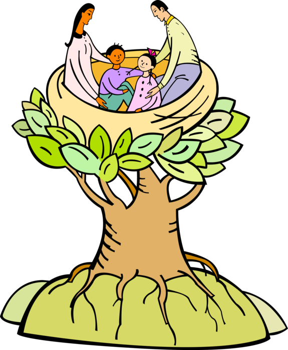 Vector Illustration of Family Nest in Mother Nature Tree