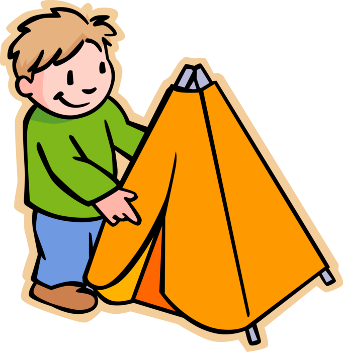 Vector Illustration of Primary or Elementary School Student Boy Constructs Teepee Tent