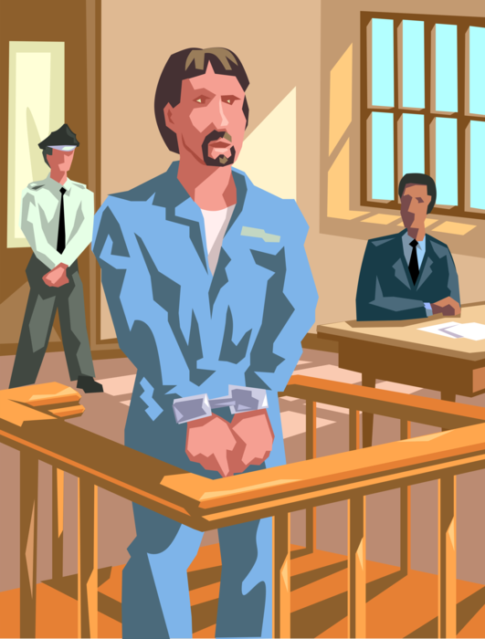 Vector Illustration of Convicted Felon Stands in Courtroom Prisoner Box in Handcuffs Awaiting Sentencing