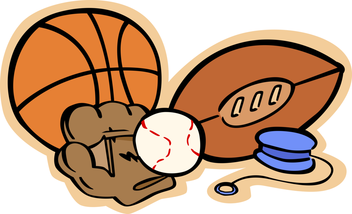 Vector Illustration of Sports Equipment, Basketball, Baseball Glove and Ball with Yo-Yo Toy