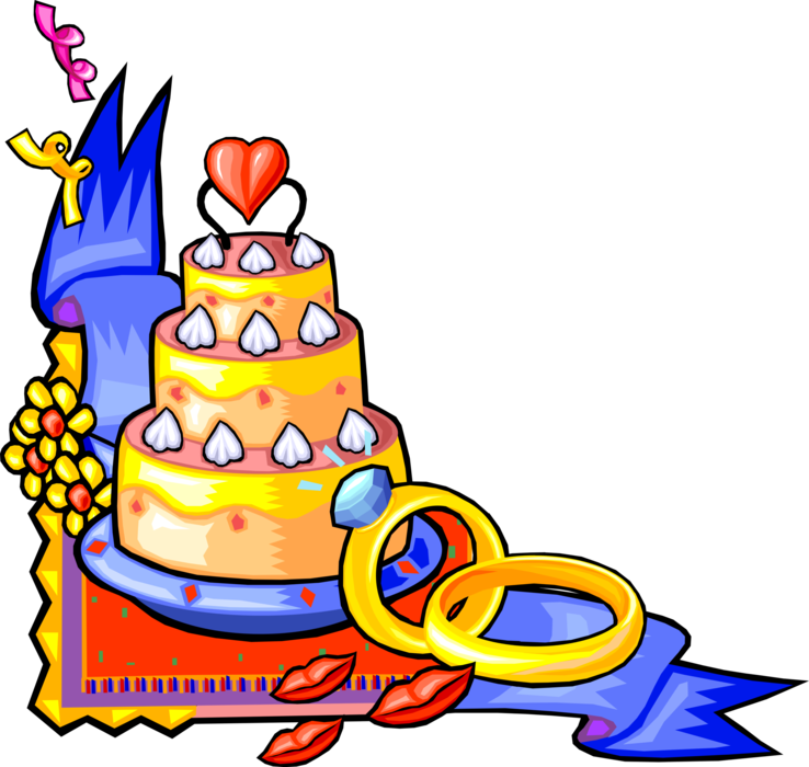 Vector Illustration of Wedding Cake Traditional Cake Served at Wedding Receptions with Marriage Rings or Bands and Love Hearts