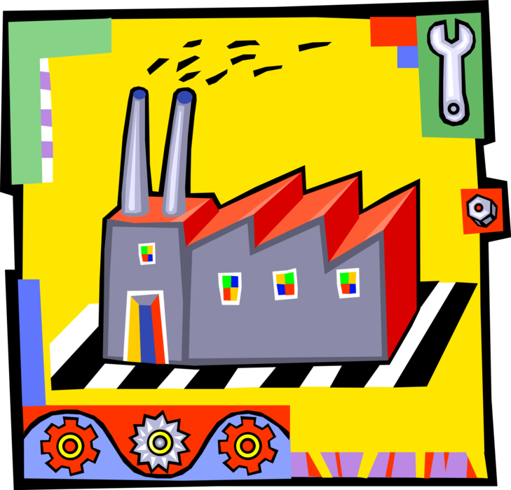 Vector Illustration of Industrial Manufacturing Factory Building with Smokestack Pollution