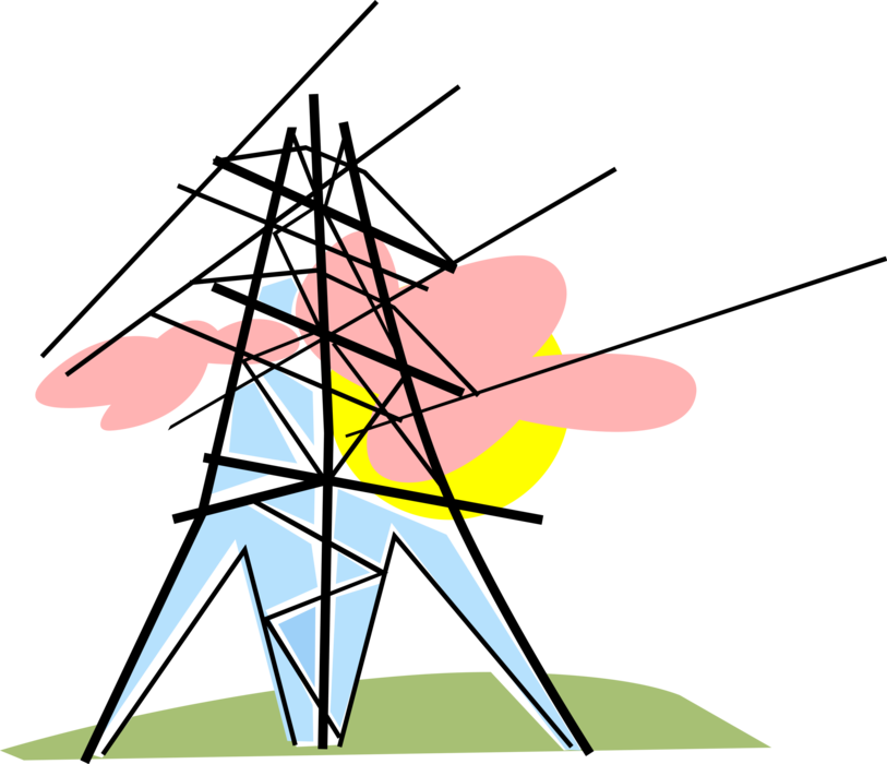 Vector Illustration of Transmission Tower Carries Electrical Power Lines to Distribute Electricity